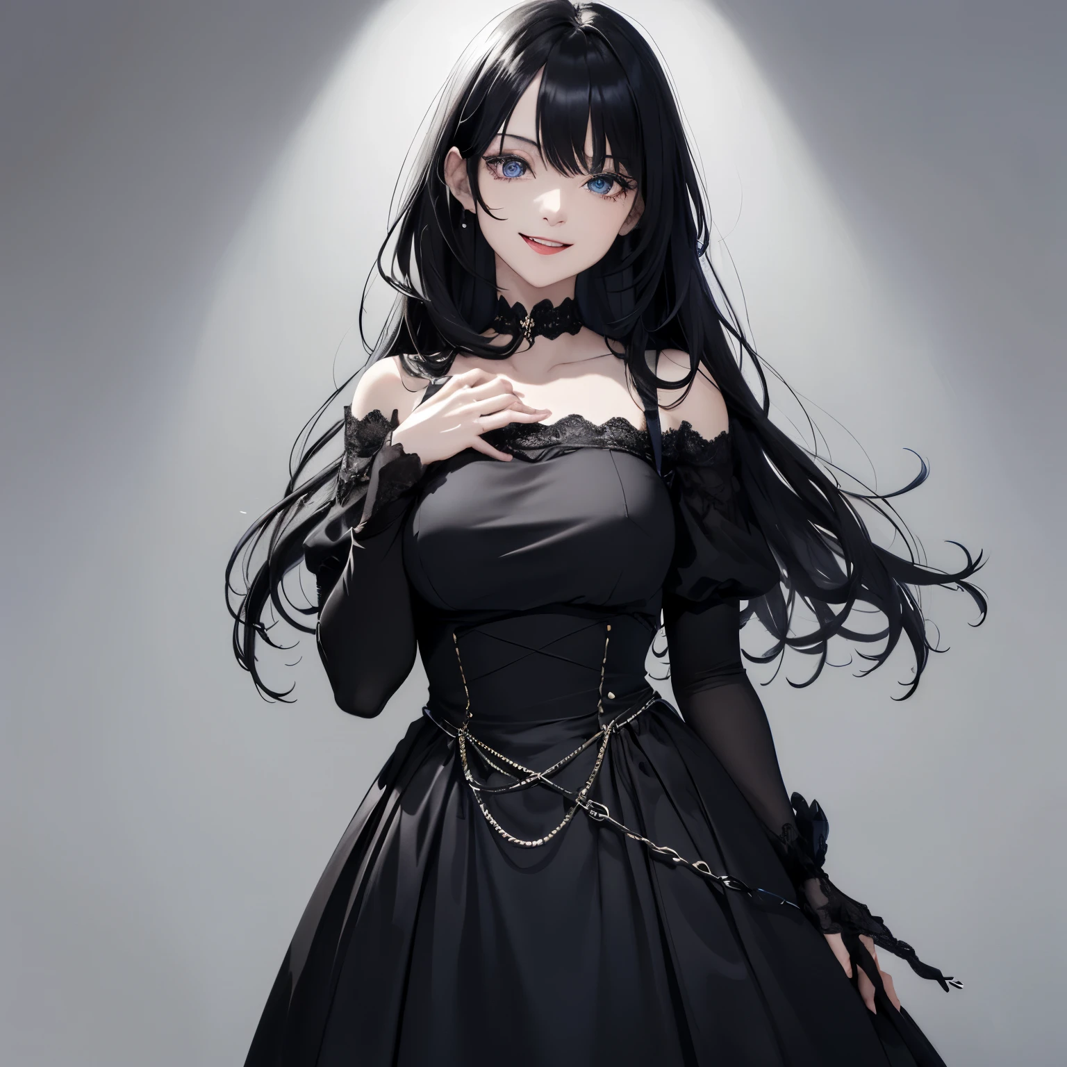absurderes, ultra-detailliert,bright colour,(in 8K:1.3),masuter piece,extremely beautiful detailed face and eyes, 25 years old,(Smooth straight black hair), (Shiny long hair),(Pattsun bangs), (Deep blue eyes) Delicate beautiful face, red blush, (wearing black dress only) (tied hair) Nice Spot, standing, tongue out, smiling, grey wallpaper background.