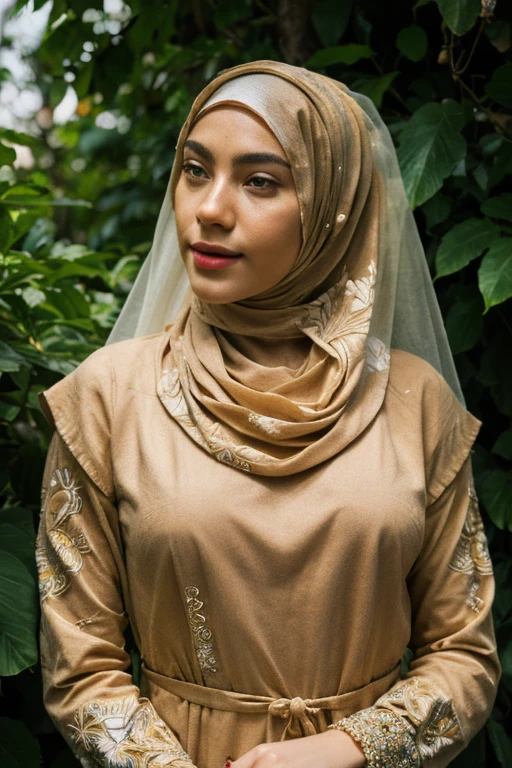 1girl, beautiful detailed eyes, beautiful detailed lips, extremely detailed face, hijab, long dark hair, soft warm lighting, sunlit garden, lush foliage, serene atmosphere, intricate floral pattern, ornate jewelry, delicate skin, calming color palette, (best quality,4k,8k,highres,masterpiece:1.2),ultra-detailed,(realistic,photorealistic,photo-realistic:1.37),vibrant colors, cinematic lighting, portrait, digital painting