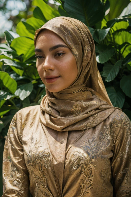 1girl, beautiful detailed eyes, beautiful detailed lips, extremely detailed face, hijab, long dark hair, soft warm lighting, sunlit garden, lush foliage, serene atmosphere, intricate floral pattern, ornate jewelry, delicate skin, calming color palette, (best quality,4k,8k,highres,masterpiece:1.2),ultra-detailed,(realistic,photorealistic,photo-realistic:1.37),vibrant colors, cinematic lighting, portrait, digital painting