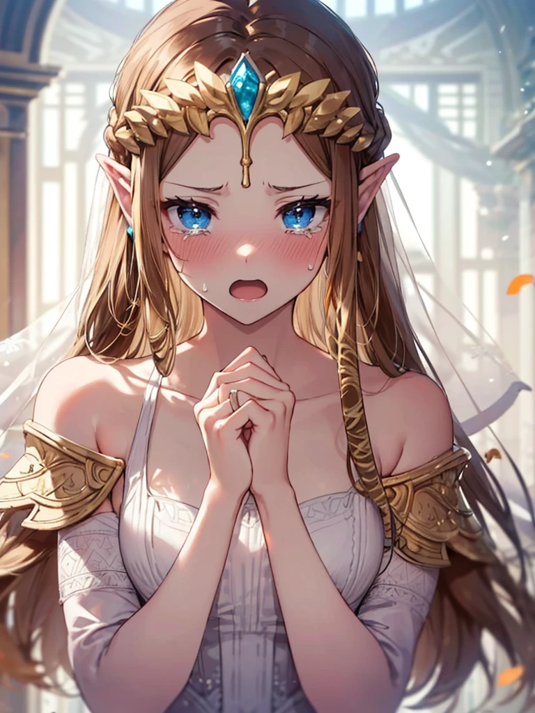 ((surprised),((Scared)),(()),((((Exposed shoulders)))),((Wedding dress)),,(((Golden hair ornament)),,(((Long Hair)))),((throw)),((((Exposed shoulders)))),((Front Face)),Princess Zelda, ((highest quality)),,(Very detailed) ,,((Open your mouth)),Brown Hair,((Embarrassed look)),Blushing, ((highest quality)), (Very detailed), ,(((cry))),Nintendo, (Straight hair),cry face,Blushing,((alone)), ((highest quality)), (Very detailed), ,