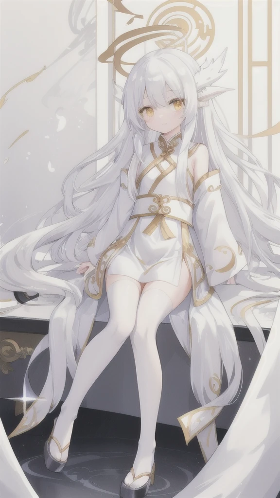 Long silver hair,white dragon horn,Golden Eyes,silver hanfu,white stockings