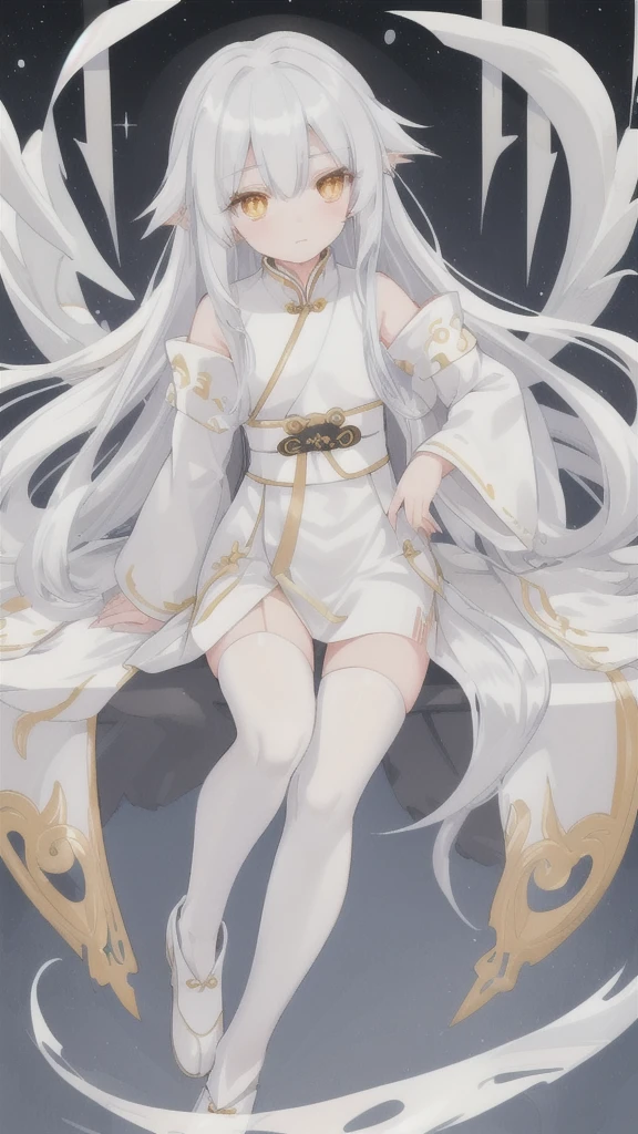 Long silver hair,white dragon horn,Golden Eyes,silver hanfu,white stockings