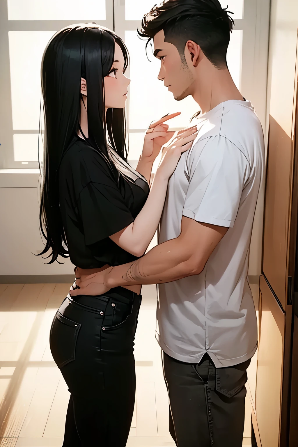 Two couple looking at each other, girl long black hair, boy has short wavy fade hair, inside a room.