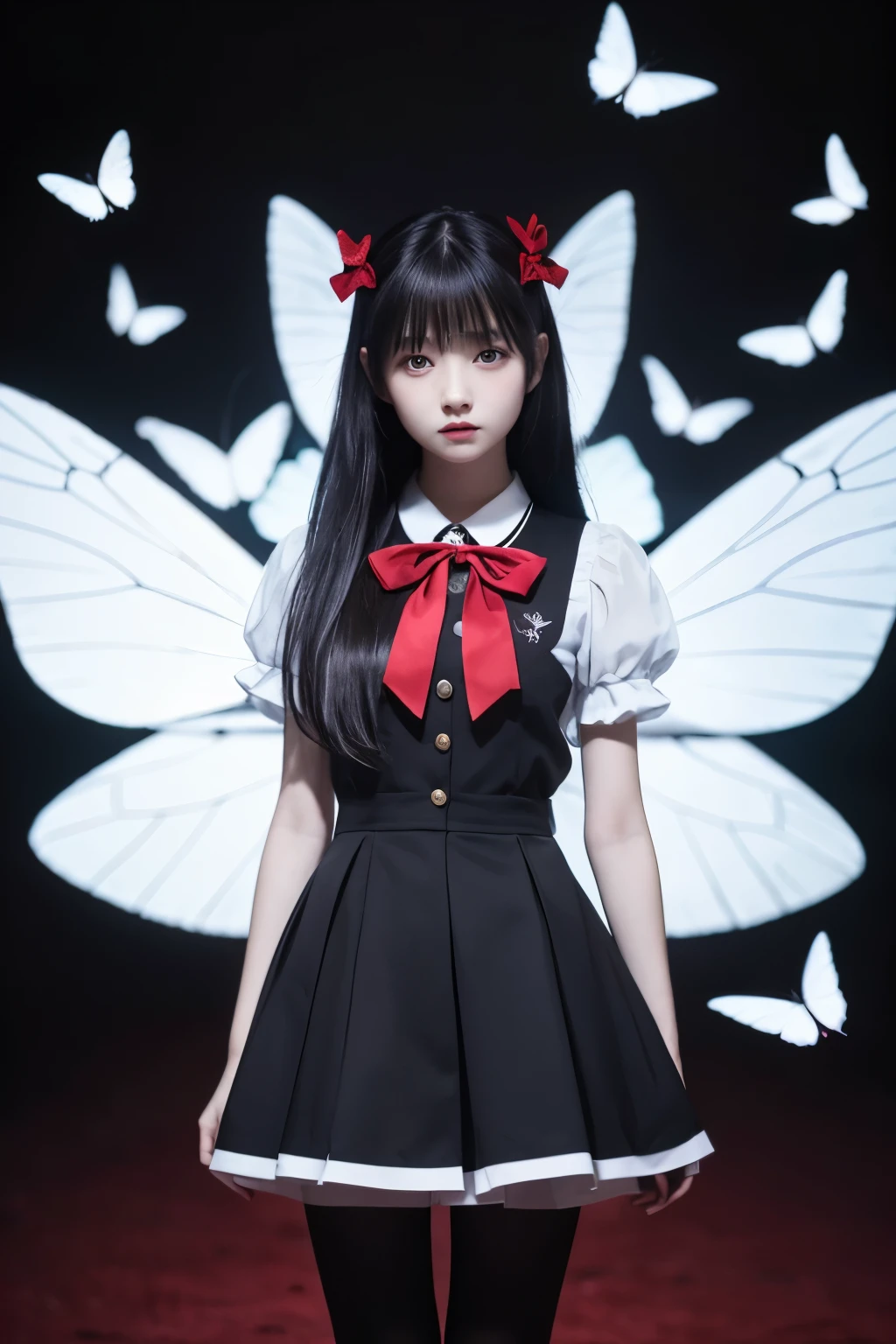 「The dark-haired girl、Standing in front of a dark and dreamy background。She wears a simple uniform、The black tights and red ribbon are distinctive.。The background features geometric patterns and white butterflies flying.、There is a dark atmosphere overall.。The girl's hair flutters in the wind.、She stares silently into the distance。」