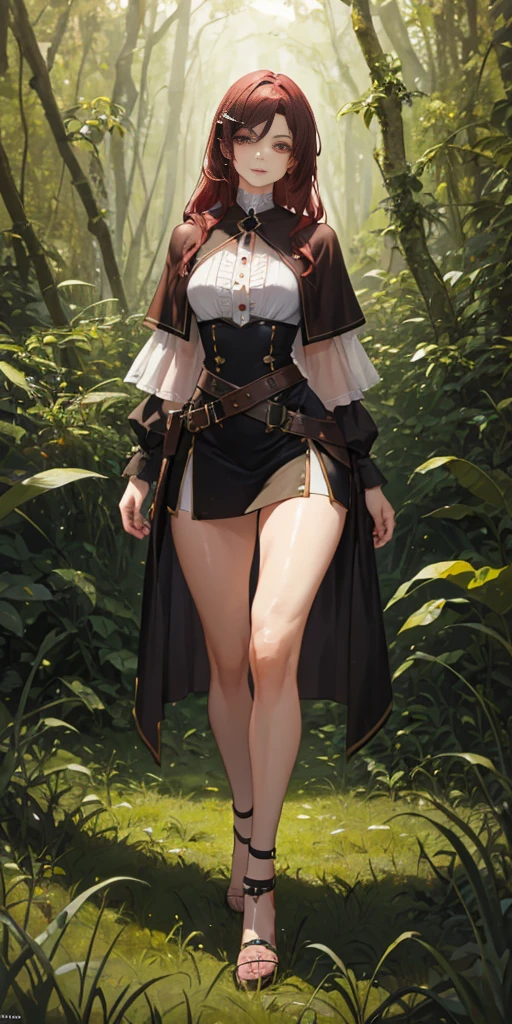 a youthful teenage girl with crimson red hair, pink-brown eyes, eyeliner, dark eyeshadow, beautiful delicate face, pale smooth skin, walking in a forest with trees and grass under a cloudy sky, wearing a white blouse with a capelet, a tight mini skirt and a waist belt pouch, with a slim, lithe, slender figure, round hips, thin waist, long legs, round breasts, a small serene smile, open expressive eyes, extremely detailed face and eyes, cinematic lighting, color oil painting, realistic proportions and good anatomy, solo portrait