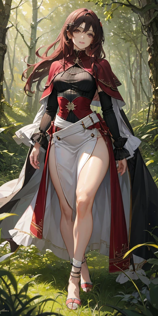 a youthful teenage girl with crimson red hair, pink-brown eyes, eyeliner, dark eyeshadow, beautiful delicate face, pale smooth skin, walking in a forest with trees and grass under a cloudy sky, wearing a white blouse with a capelet, a tight mini skirt and a waist belt pouch, with a slim, lithe, slender figure, round hips, thin waist, long legs, round breasts, a small serene smile, open expressive eyes, extremely detailed face and eyes, cinematic lighting, color oil painting, realistic proportions and good anatomy, solo portrait