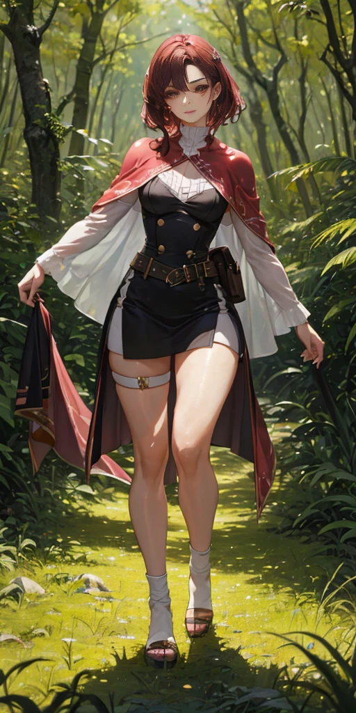 a youthful teenage girl with crimson red hair, pink-brown eyes, eyeliner, dark eyeshadow, beautiful delicate face, pale smooth skin, walking in a forest with trees and grass under a cloudy sky, wearing a white blouse with a capelet, a tight mini skirt and a waist belt pouch, with a slim, lithe, slender figure, round hips, thin waist, long legs, round breasts, a small serene smile, open expressive eyes, extremely detailed face and eyes, cinematic lighting, color oil painting, realistic proportions and good anatomy, solo portrait