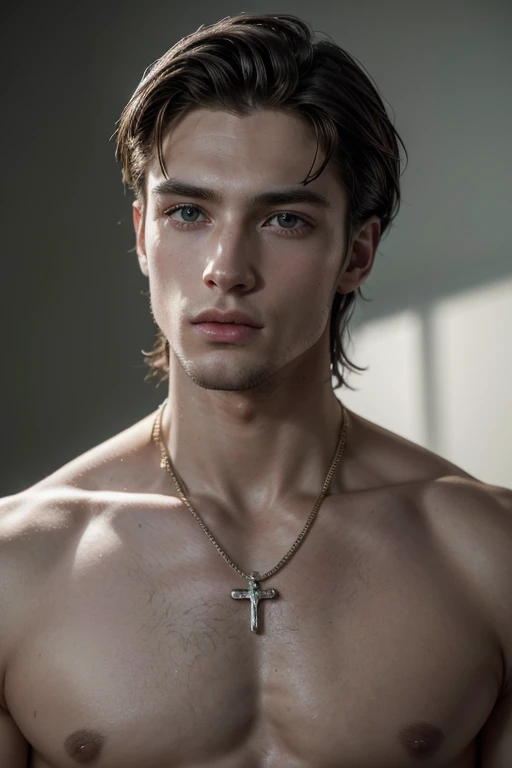 cinematic photo of modern male model with low hair and social suit clotches wearing Jesus jewelry