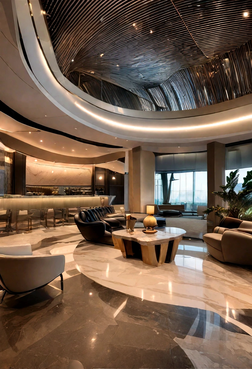 Luxury hotel lobby interior, modern materials, style by ZAHA HADID, morning, real photo
