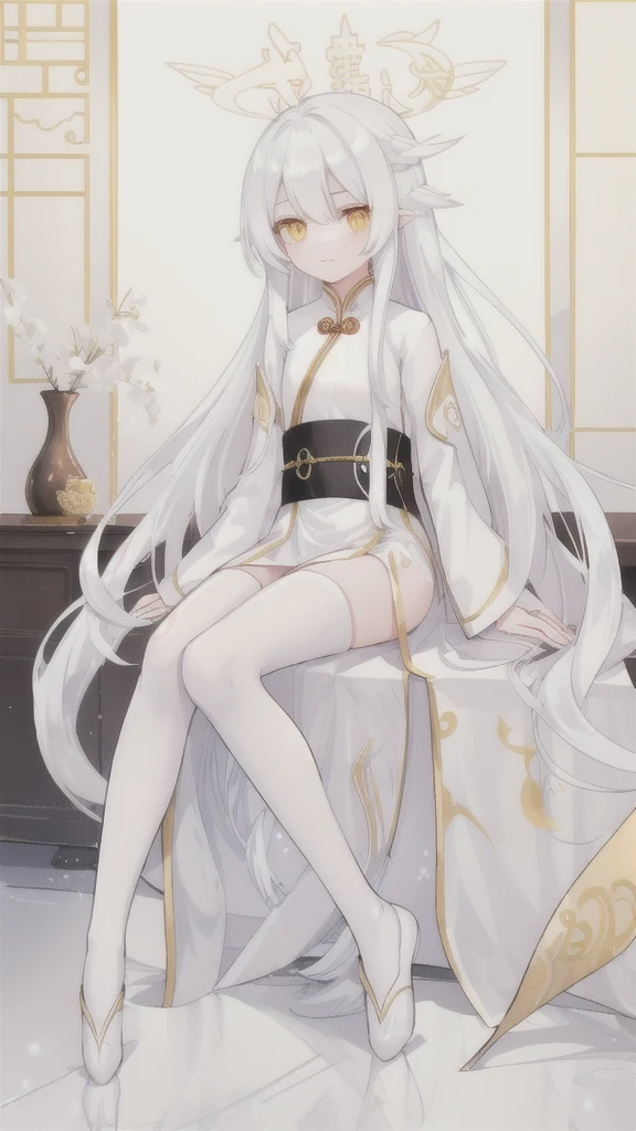 Long silver hair,white dragon horn,Golden Eyes,silver hanfu,white stockings