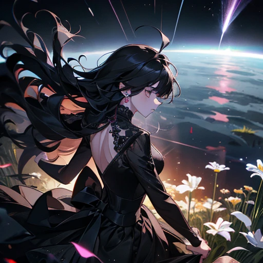 a girl, flowers, black (glowing dress), Church, floating hair, epic, flood, anger, Psychedelics effects, meteor, cosmos
