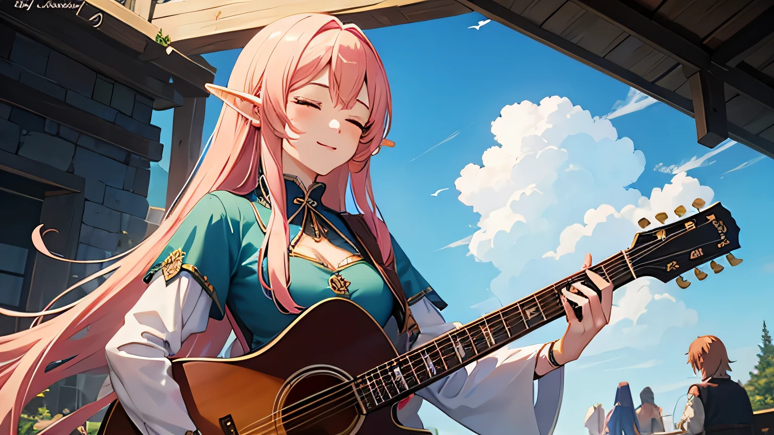 Anime Style,middle ages,A lively bar with lots of people,Beautiful sky,Beautiful bard elf girl with closed eyes,guitar