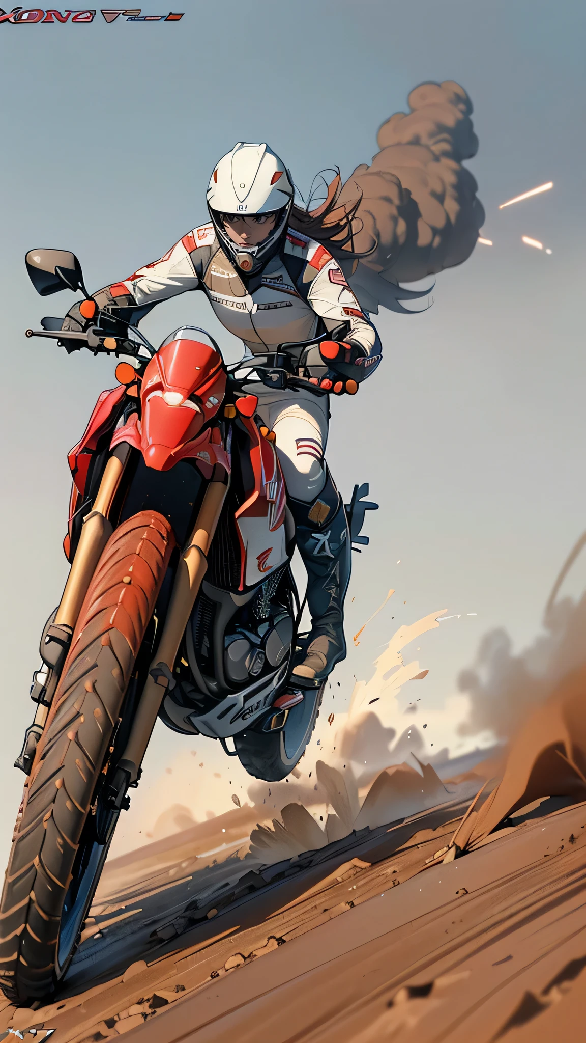 ((1 screen)), Dynamic Angle, (((No logo))), (((riding a large Off-road motorcycle made by the HONDA company XLV750R,red and white:1.8))), Midsummer afternoon, ((The Sunshine, hot,Sweat:1.3)), (((Military pattern high leg bikini:1.5))), break (Baja 1000 Race), (Altitude 3096m,Driving on dirt in Picacho del Diablo)), (((Firmly grasp the left and right handle grips))), break (highest quality,4K,8k,High resolution,masterpiece:1.2),Super detailed,(Realistic,photoRealistic,photo-Realistic:1.37), (perfect ???????), (Perfect ratio of fingers to thumb), (Symmetrical face), break (Beautiful young woman rider(Simple Helmet, Gloves,boots:1.5)), break (8 heads,Beautiful body line), (Medium breast,Beautiful valley), (Flat stomach), (Small waist), (Beautiful big ass), break ((Expressing a sense of speed:1.5)), ((Expressing the feeling of sprinting)), (((Sprint,walking fast,Explosive,Pleasure))), (Driving on dirt) (((Flying sand and intense dust))), break (((A smile comes to mind))), (((I'm so happy I can't help but laugh))), (((Here we go!!How about it!!))) break ((HONDA XLV750R: Car height,High seat height,Big body)) break