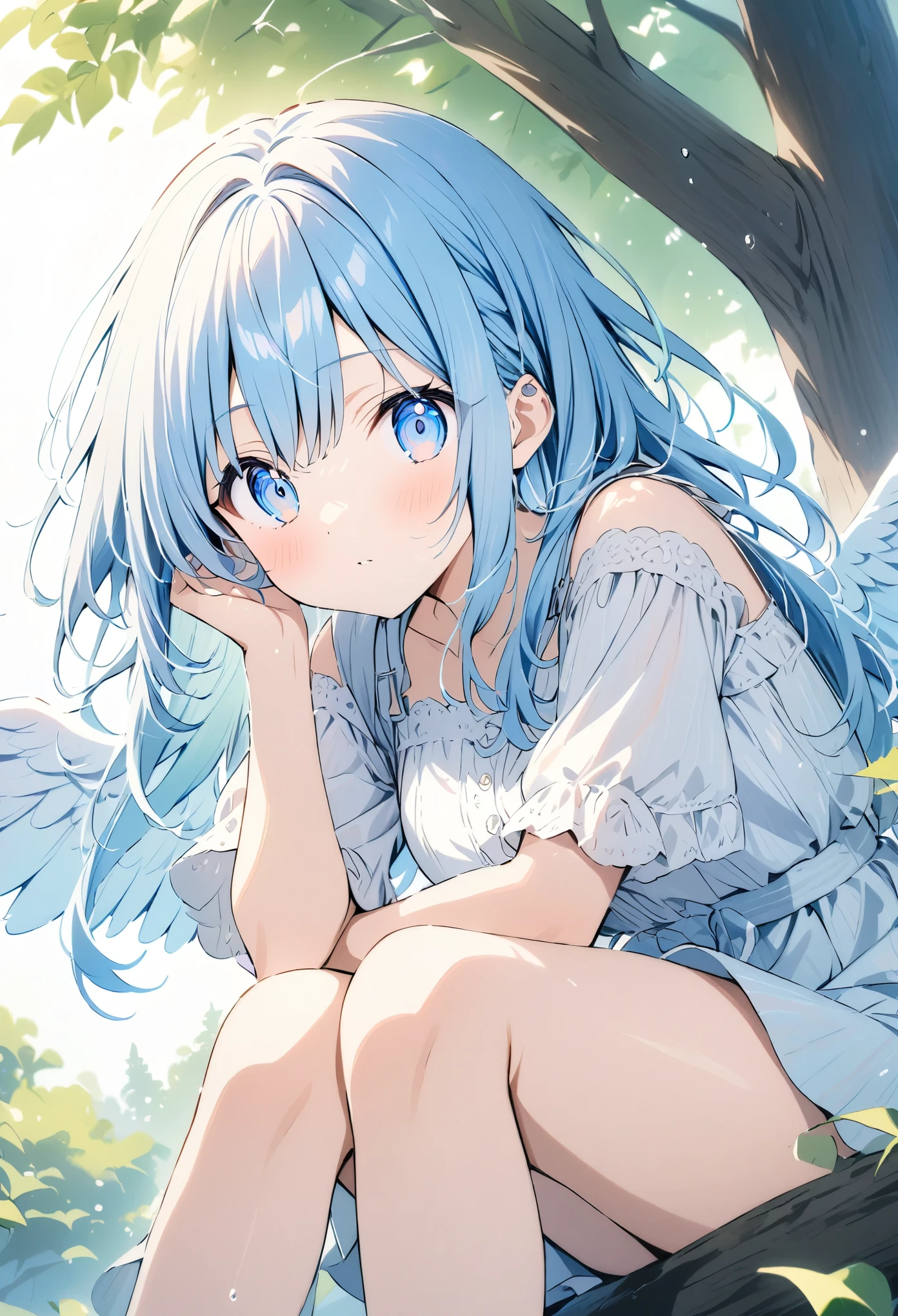 Colored pencil、Light color hue、(masterpiece:1.2),(anime),An angel resting its wings on a tree、Beautiful scenery、cute、Wings closed、Sitting on top of a tree、Light effect、in the forest、White lace dress,Blue Eyes,Light blue hair