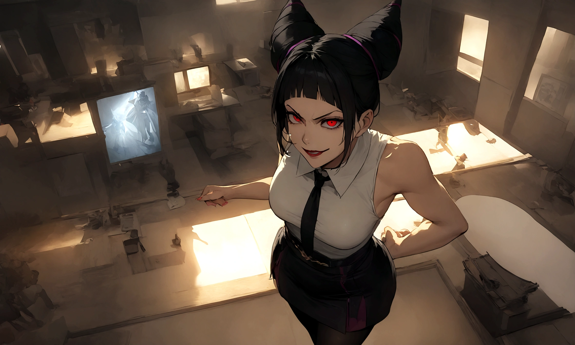 juri han, work of art, tight white secretary shirt with black tie, black high waist skirt, short skirt,stocking, black hair, black tights,evil smile,office,franja nos olhos,lighting,chifre de cabelos,view from above,olhando para cima