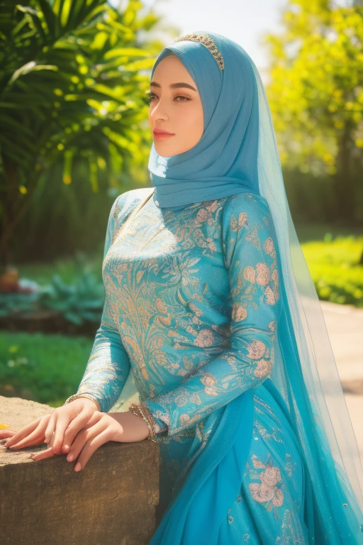 1girl, beautiful detailed eyes, beautiful detailed lips, extremely detailed face, hijab, long dark hair, soft warm lighting, sunlit garden, lush foliage, serene atmosphere, intricate floral pattern, ornate jewelry, delicate skin, calming color palette, (best quality,4k,8k,highres,masterpiece:1.2),ultra-detailed,(realistic,photorealistic,photo-realistic:1.37),vibrant colors, cinematic lighting, portrait, digital painting