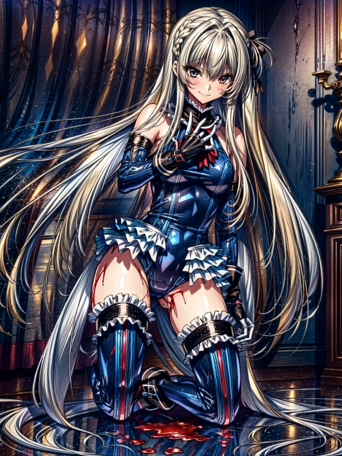 finest masterpiece, Super detailed, Highest quality, Sharp focus, 12k, ultra hi resolution picture, big ,12k,Perfect Anatomy, Highest quality, Marie Rose,Wicked Smile,Provocative attitude
,,evil Smile,Anime Style,(Frilled swimsuit, Knee socks, Removed sleeve), (Anime Style:1.4) ,
,(White fingers:1.1,Black gloves),
Hollow Eyes,,One Girl、(Cyberpunk townscape),,(Very long hair:1.6),(whole body:1.3),
Silver Hair,(Cover your face with a full-face helmet:1.6)