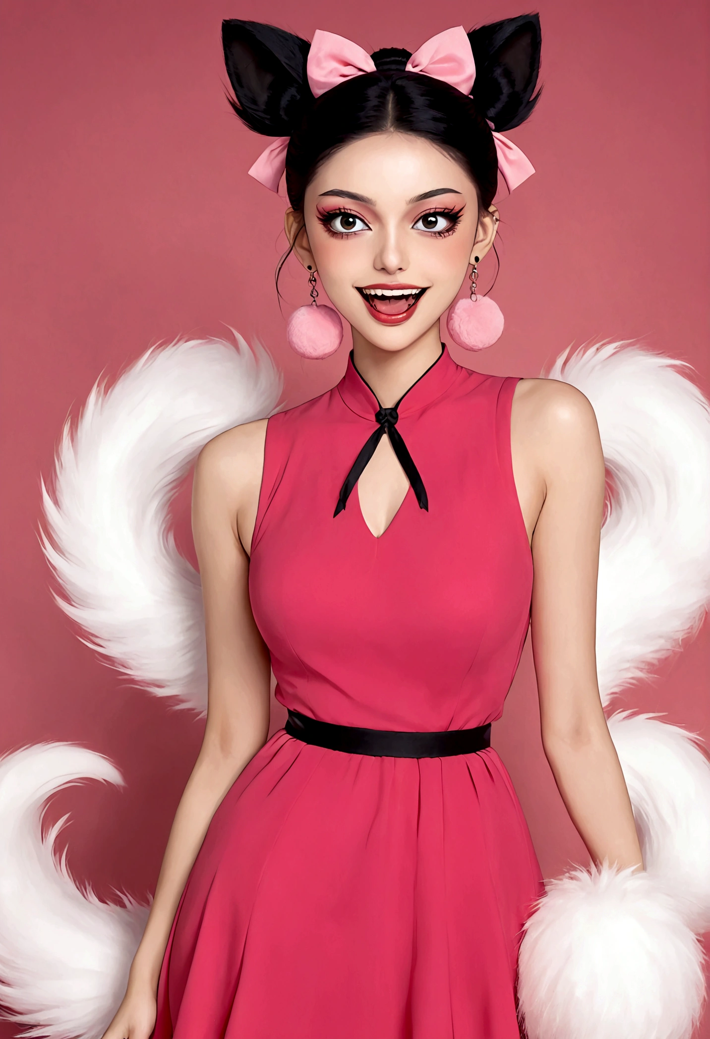 Noble and elegant girl,Beautiful face,beautiful eyes,Pink Eyeshadow,blush,Smile,(((1 big, fluffy tail))),Black high bun,Pink pompom earrings,Sexy red tube top dress,Collar,Green Bracelet