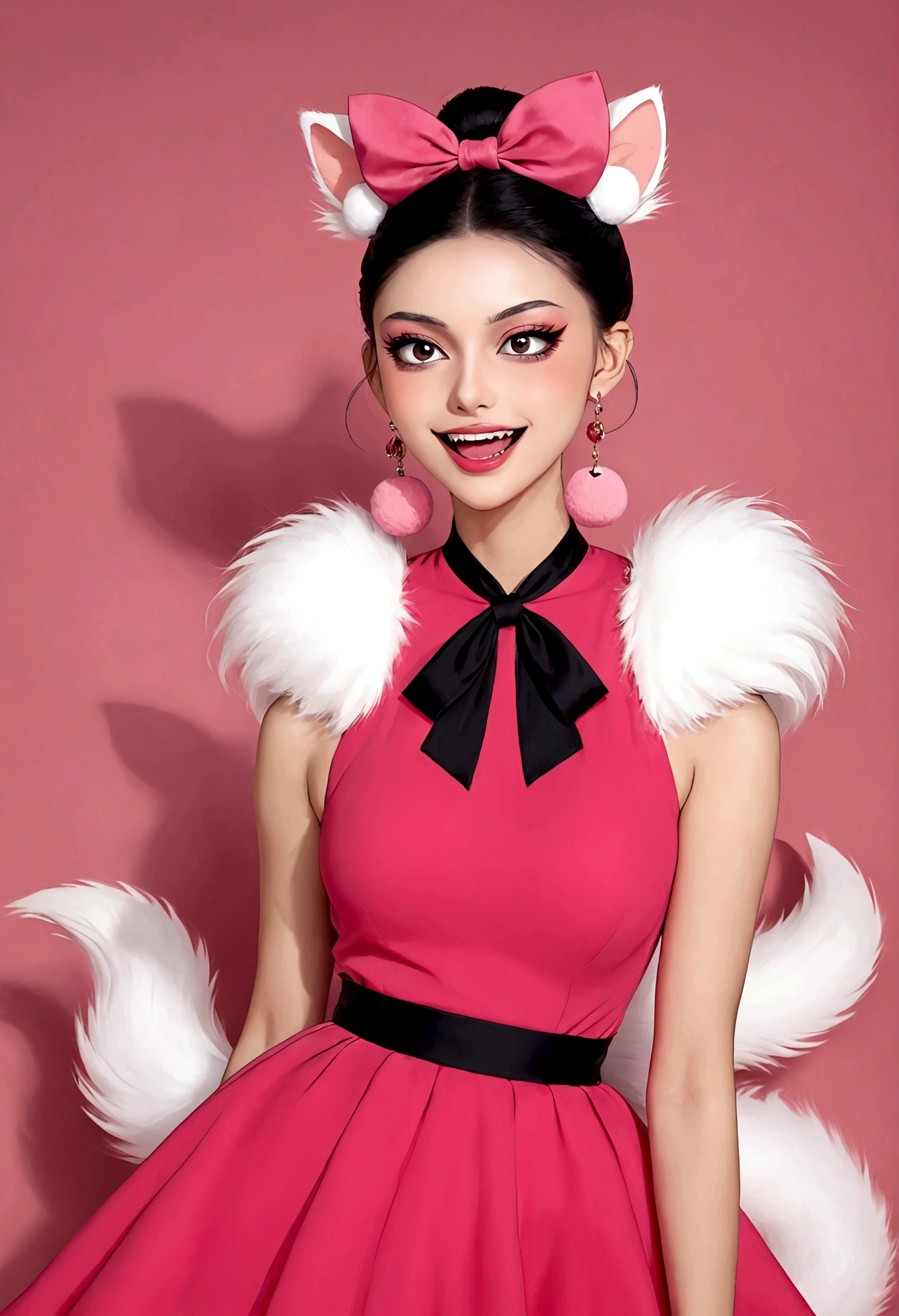 Beautiful face,beautiful eyes,Pink Eyeshadow,laughing out loud,Fangs,(((9 big, fluffy tails))),Black high bun,Pink pompom earrings,Sexy red sleeveless dress,Thin waist