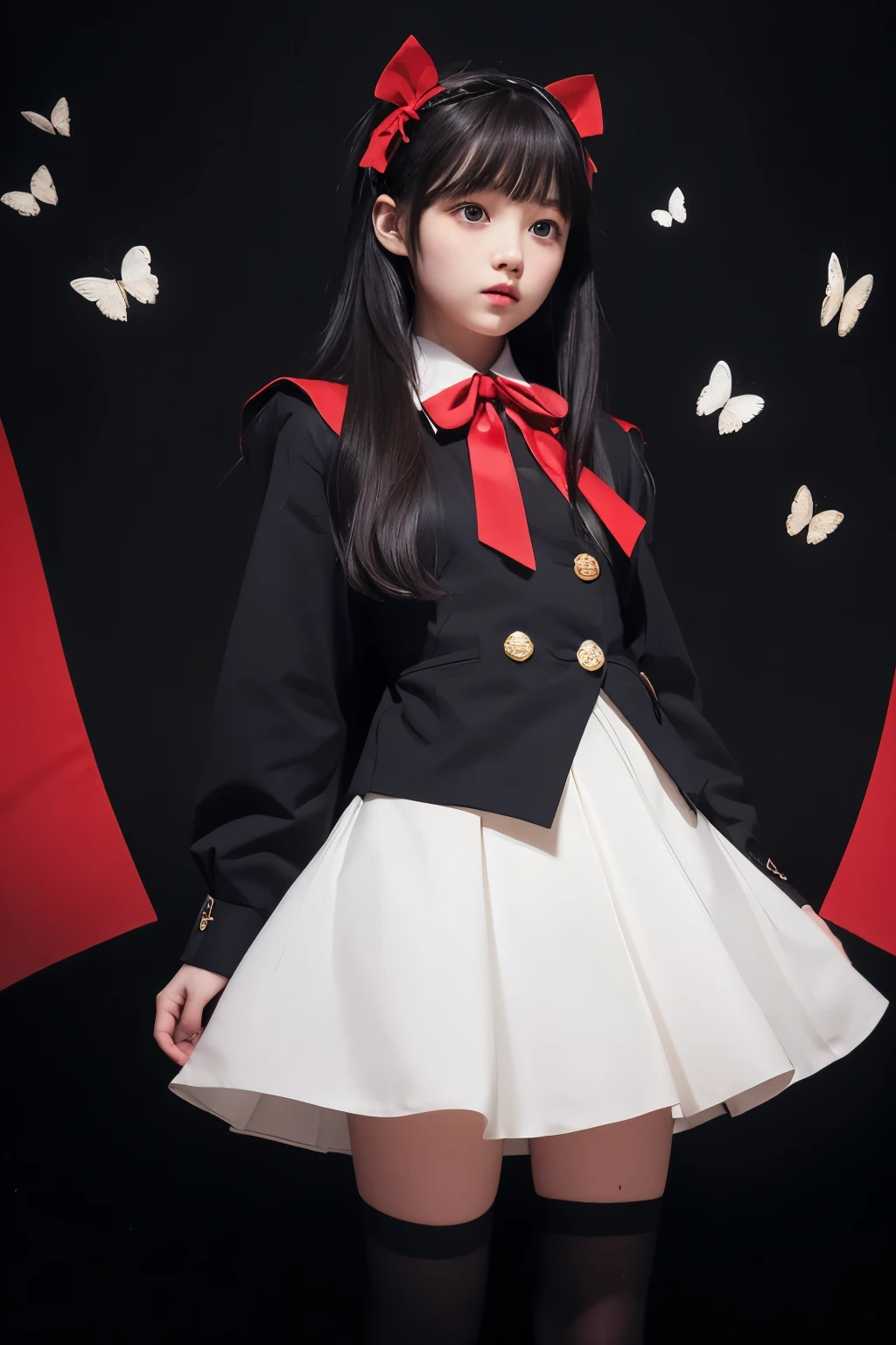 「The dark-haired girl、Standing in front of a dark and dreamy background。She wears a simple uniform、The black tights and red ribbon are distinctive.。The background features geometric patterns and white butterflies flying.、There is a dark atmosphere overall.。The girl's hair flutters in the wind.、She stares silently into the distance。」