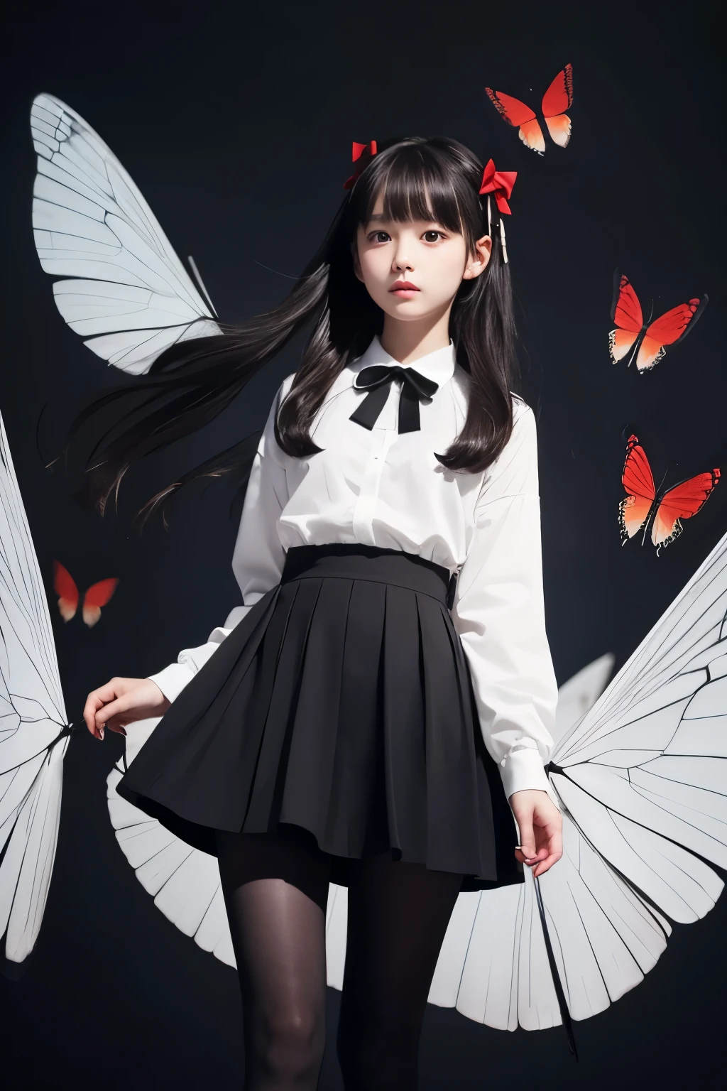 「The dark-haired girl、Standing in front of a dark and dreamy background。She wears a simple uniform、The black tights and red ribbon are distinctive.。The background features geometric patterns and white butterflies flying.、There is a dark atmosphere overall.。The girl's hair flutters in the wind.、She stares silently into the distance。」