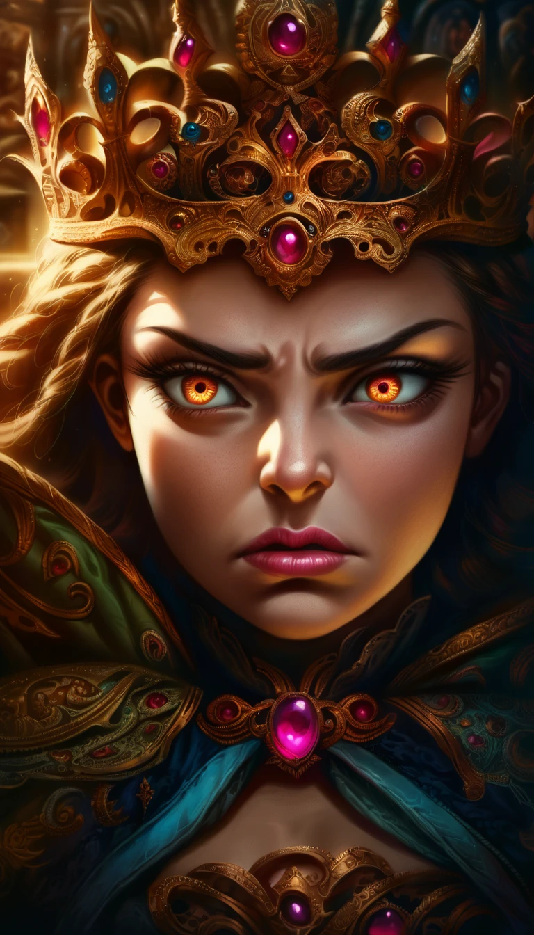 fantasy woman, queen sitting on throne, disgusted look, arrogant and angry expression, intricate detailed face, beautiful detailed eyes, beautiful detailed lips, extremely detailed eyes and face, long eyelashes, volumetric lighting, dramatic lighting, chiaroscuro lighting, baroque style, dramatic moody colors, cinematic composition, 8k, photorealistic, hyper detailed, masterpiece