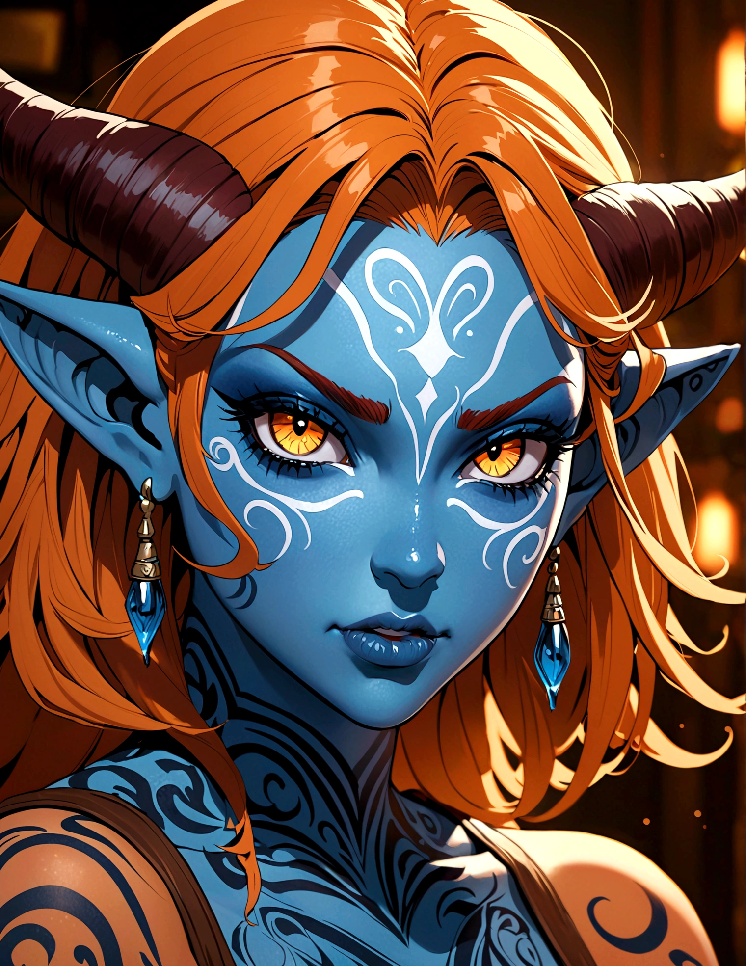 (((masterpiece))), (((best quality: 1.4))), ((Super Detail: 1.4)) , An extremely detailed gouache painting of a female tiefling, Disgusted look, angry, anger, Gorgeous exotic style, Amber neon eyes:1.5, Orange Hair, Extremely detailed facial features, Expressive face, Detailed texture, Blue skin tone, Tattoo, Natural Skin Shader, Volumetric method, Warm undertones in the skin, Ultra-high resolution