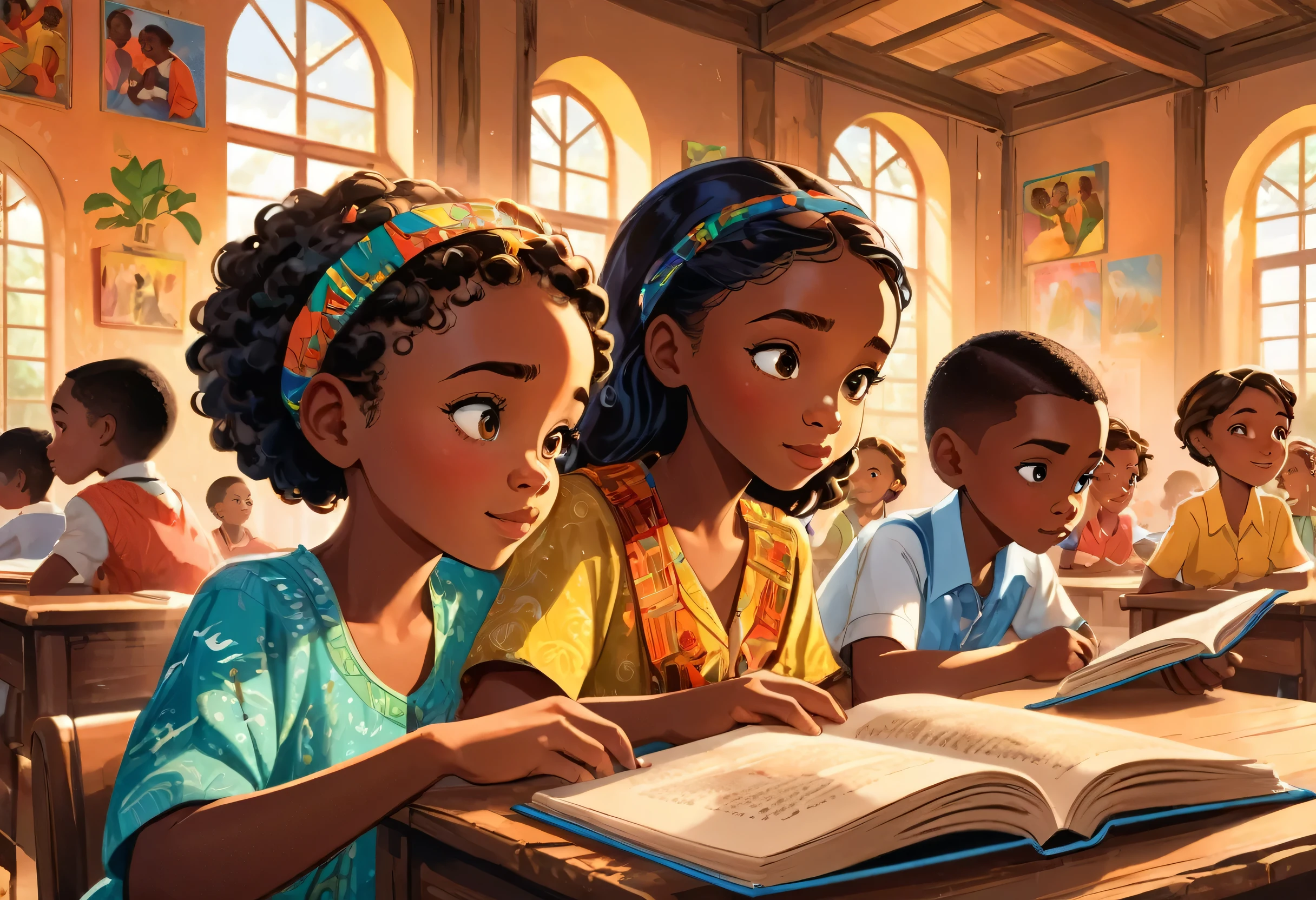 Two girls and three boys of , (African) reading a book in a beautiful classroom (masterpiece best quality:1.2) delicate illustration ultra-detailed, (disney-related event) indoor, (classroom), detailed background, illustrations, bright, colourful,