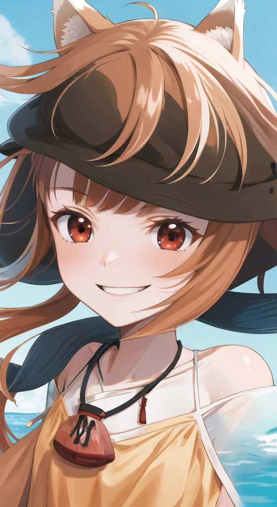masterpiece, highest quality, High resolution, One girl, Long Hair, Brown Hair, Animal ears, Red eyes, Wolf's tail, necklace, dress, Are standing, Cowboy Shot, smile, Field