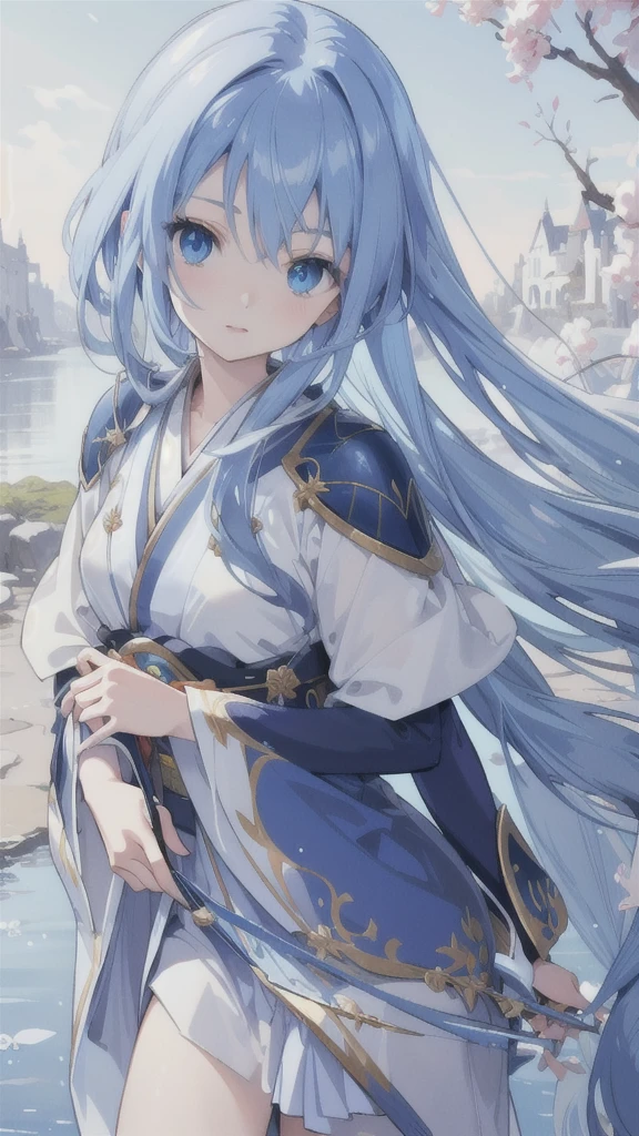 (best quality,4k,highres),detailed and realistic portrait,anime style,beautiful girl with long deep blue hair,gorgeous sapphire eyes,blue hanfu armor,dagger
