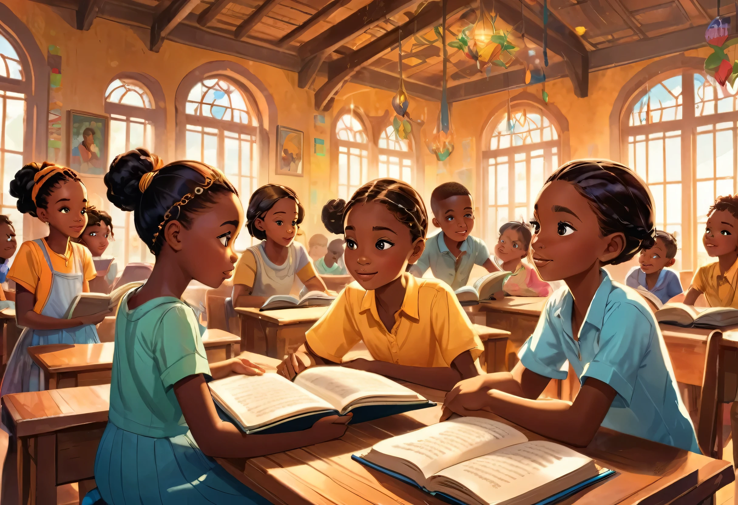 Two girls and three boys of 11 years old, (African) reading a book in a beautiful classroom (masterpiece best quality:1.2) delicate illustration ultra-detailed,  (disney-related event) indoor, (classroom),  detailed background, illustrations, bright, colourful, 