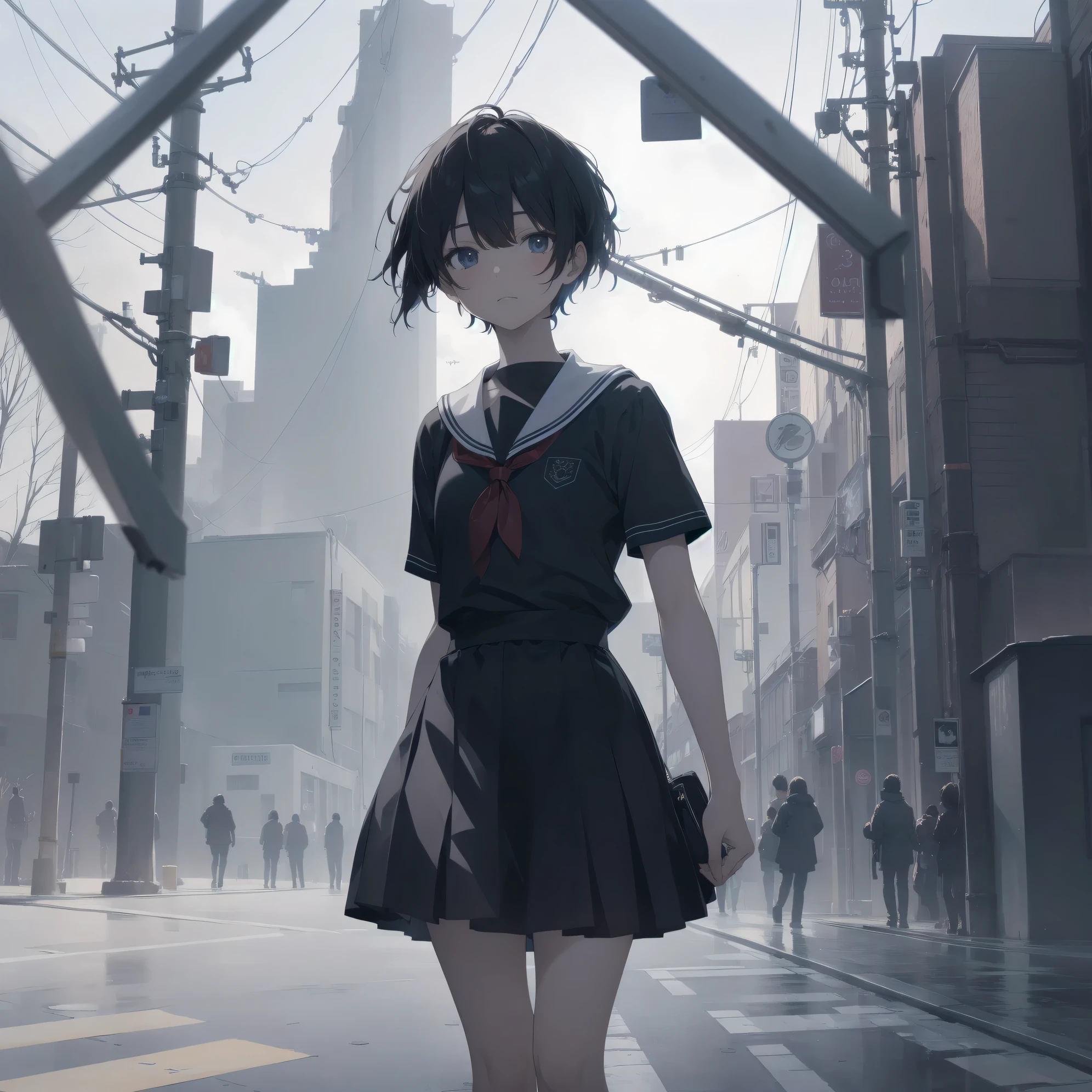 ultra-absurdres-Top quality by artist God, ultra-detailed, high resolution, anime moe artstyle, best anime 8k konachan wallpaper, pixiv contest winner, pool:2810, perfect anatomy,break, 1girl, (Please draw a girl walking sleepily to school alone. )break,(Solo,little female, -yeld:1.Full limbs, complete fingers,a junior hihort hair), short cut, flat chest, , small butt, small black eyes, beautiful detailed eyes, well-proportioned iris and pupils, expressive eyes, highres detailed hair, soft expression, salor school_uniform, sailor collar, serahuku, bow, pleated skirt,(Detailed Lighting), (Detailed background), in the School commute route. break,super detailed skin, Best cinematic lighting powered by famous artist, 8k,beauty illustration,photoshop_(medium),very aesthetic,break,((artist:neocoill )), artist:clamp ,artist:carnelian ,artist:kantoku ,