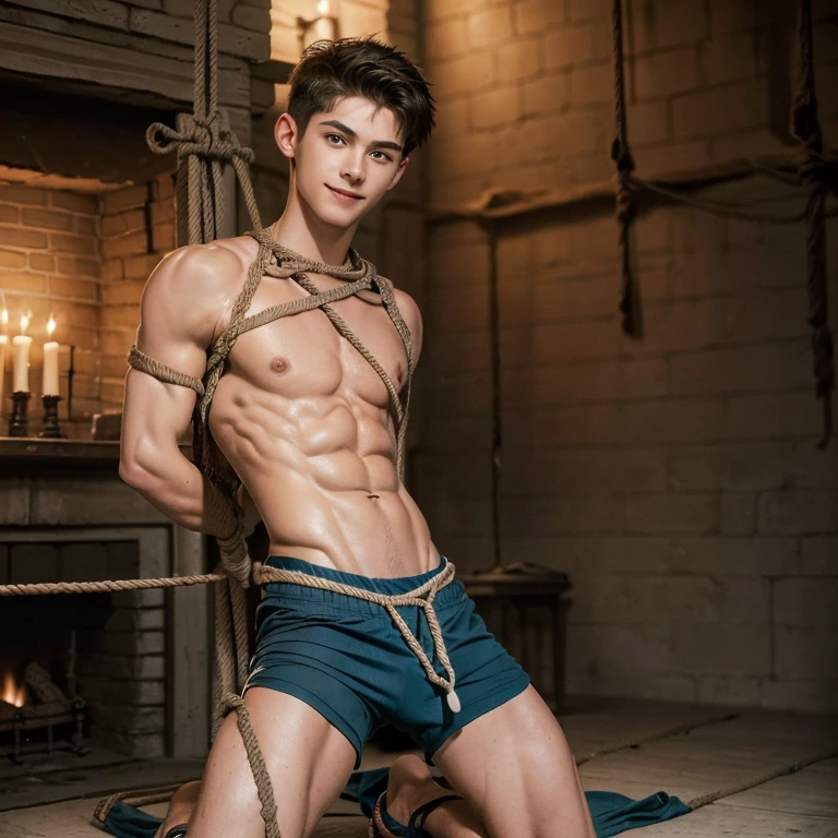  (((18 year old shirtless, very skinny twink))), fair hair, handsome face, smile (((wearing gym shorts))) biceps flexed, kneeling, ((((Trussed up completely with rope)))), ((((very tight rope crossed over chest)))),(((body in tight shibari ropes))) sweating, wet skin, in a dungeon with candles and a fireplace 
