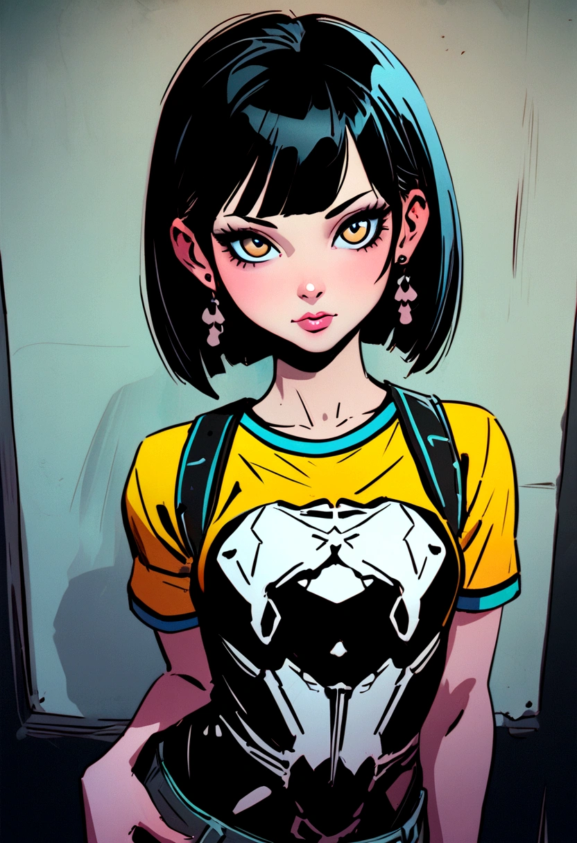 a woman with black hair and earrings in a green and yellow shirt, kuvshinov ilya, artstyle : ilya kuvshinov, kuvshinov, in style of ilya kuvshinov, ilya kuvshinov style, breathtaking ilya kuvshinov, ( ilya kuvshinov ), style of ilya kuvshinov