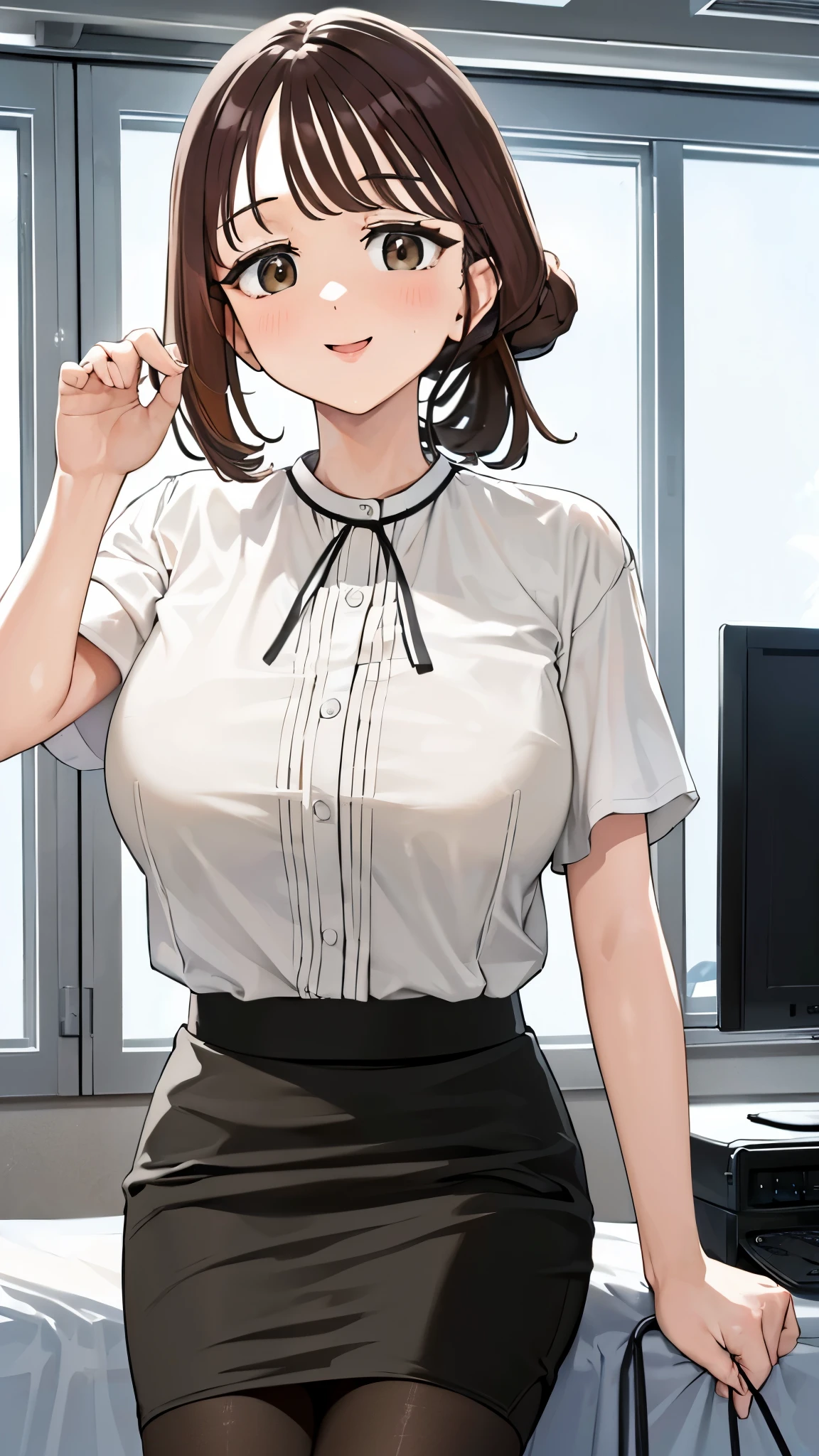 (8k、Best image quality、highest quality、masterpiece)、Detailed face、One girl、miyoka、Brown Hair、Brown eyes、smile、Large Breasts、((White blouse))、Short sleeve、((black pencil skirt:1.3))、((black pantyhose:1.3))、Cowboy Shot、Hospital room background