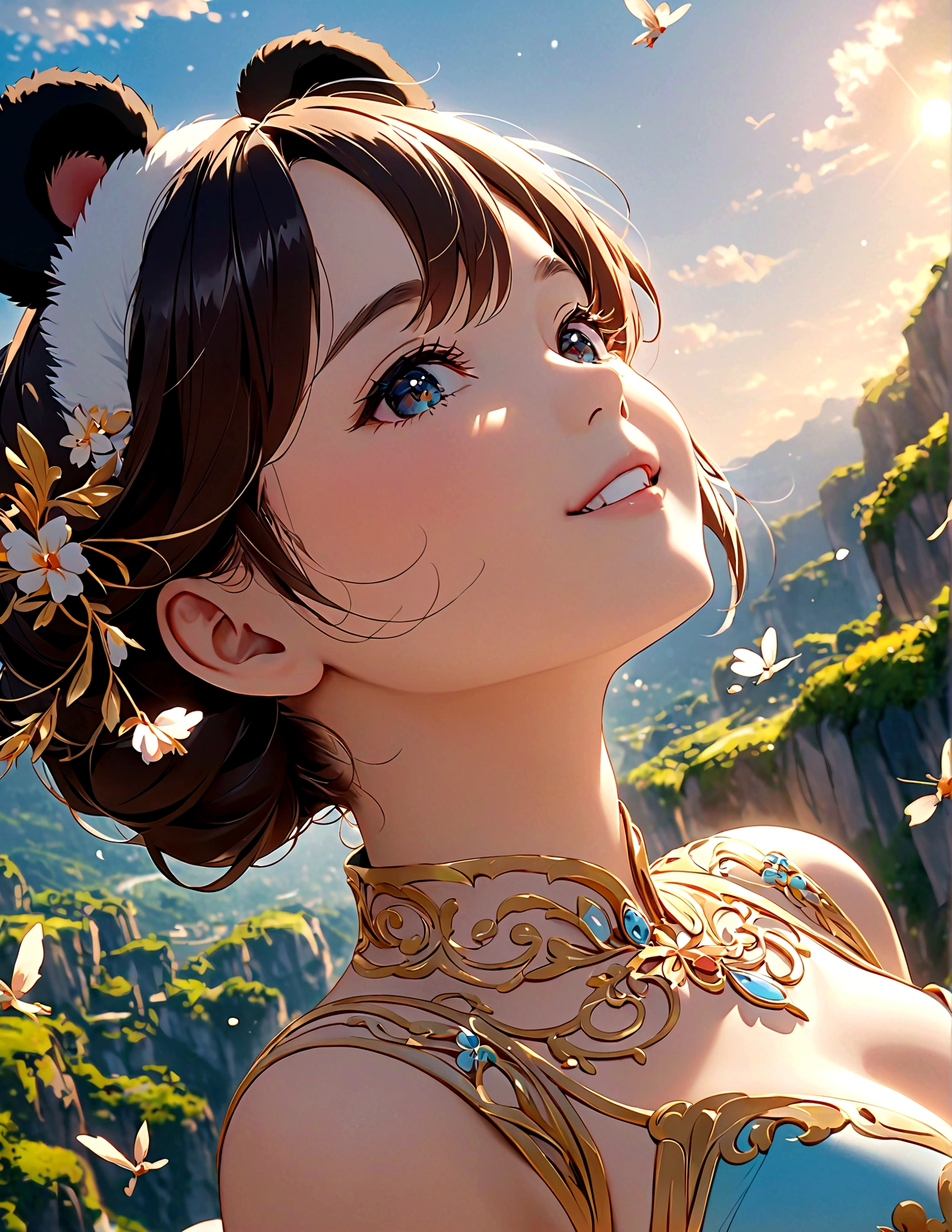 masterpiece, Top quality, Stills, A girl, Floating in the air, (close up: 1.1), bright, Happy, pleasure, soft light, Panda ears