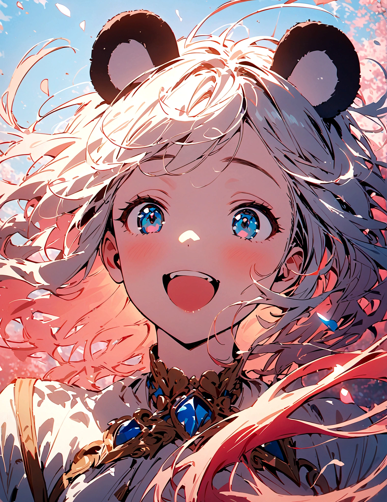 masterpiece, Top quality, Stills, A girl, Floating in the air, (close up: 1.1), bright, Happy, pleasure, soft light, Panda ears