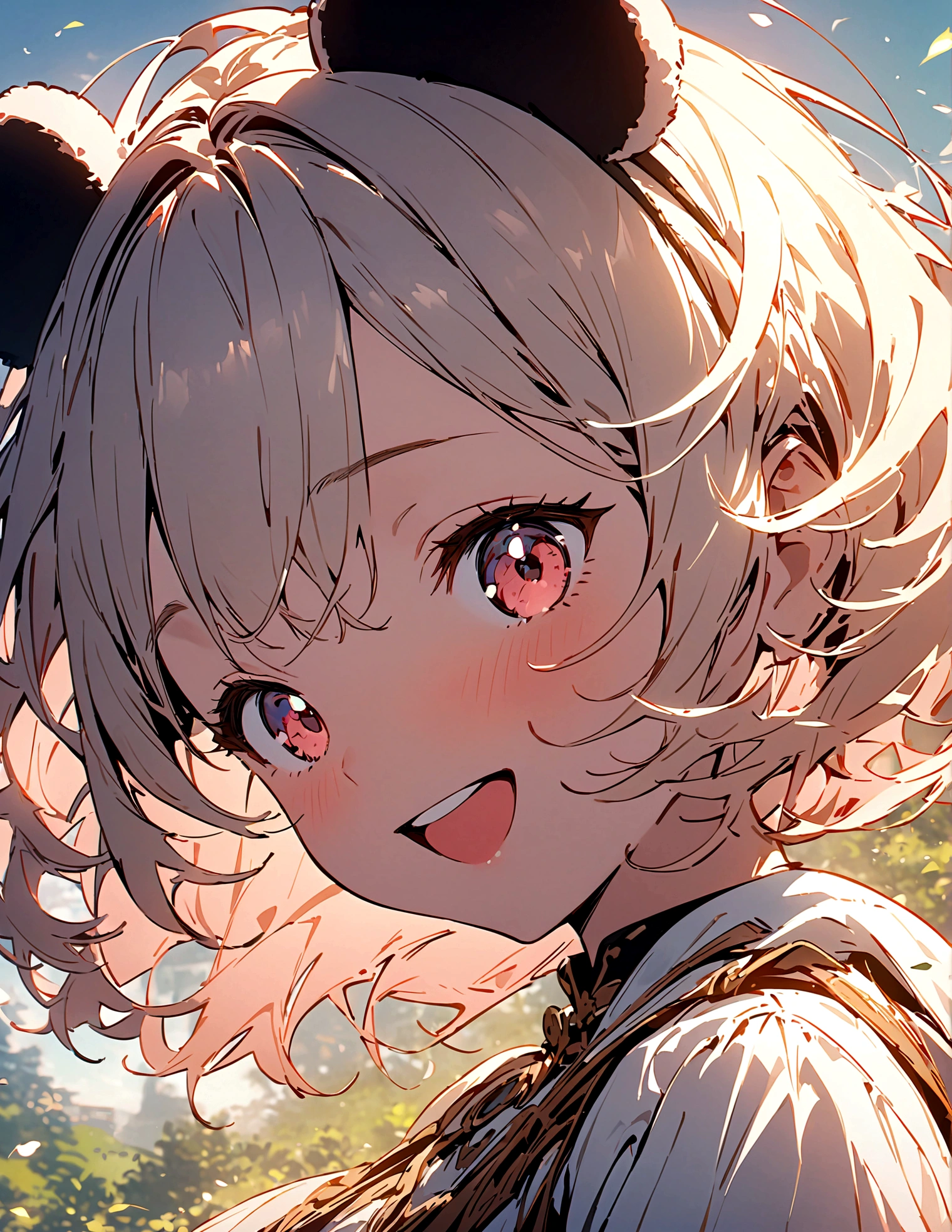 masterpiece, Top quality, Stills, A girl, Floating in the air, (close up: 1.1), bright, Happy, pleasure, soft light, Panda ears