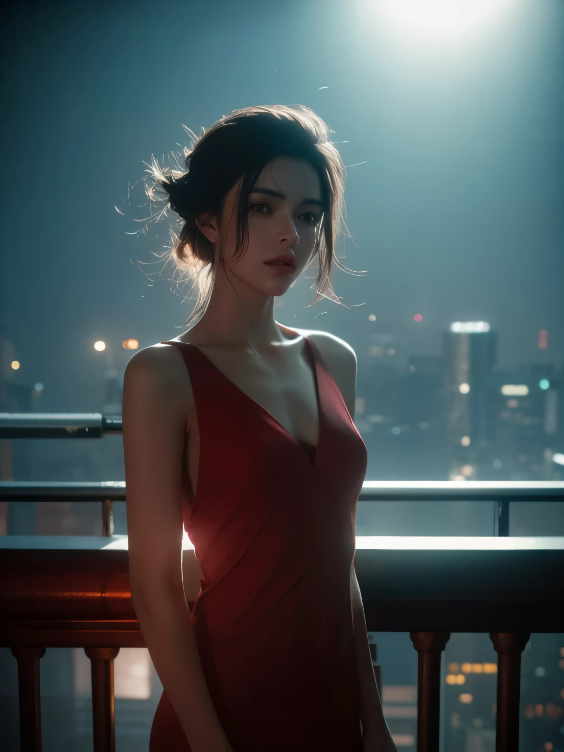 a woman with short hair flying over a city, fire and red glow, extremely detailed face and eyes, beautiful detailed lips, masterpiece, (best quality,4k,8k,highres,ultra-detailed:1.2), (realistic,photorealistic:1.37), studio lighting, vivid colors, cinematic lighting, dramatic lighting, cinematic composition, dramatic atmosphere, cinematic style, intricate details, hyper realistic, (lora:lina:1)
