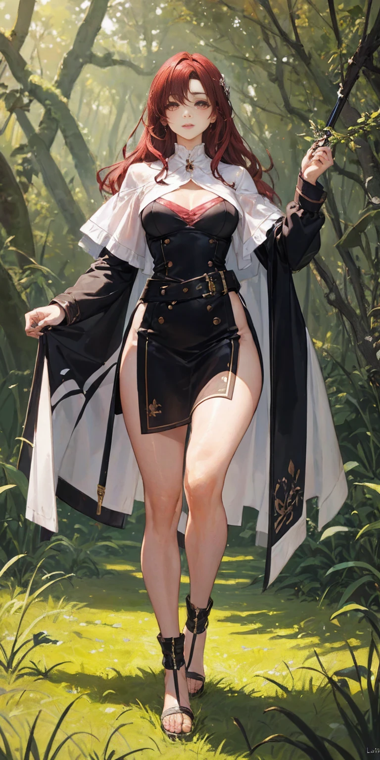 a youthful teenage girl with crimson red hair, pink-brown eyes, eyeliner, dark eyeshadow, beautiful delicate face, pale smooth skin, walking in a forest with trees and grass under a cloudy sky, wearing a white blouse with a capelet, a tight mini skirt and a waist belt pouch, with a slim, lithe, slender figure, round hips, thin waist, long legs, round breasts, a small serene smile, open expressive eyes, extremely detailed face and eyes, cinematic lighting, color oil painting, realistic proportions and good anatomy, solo portrait