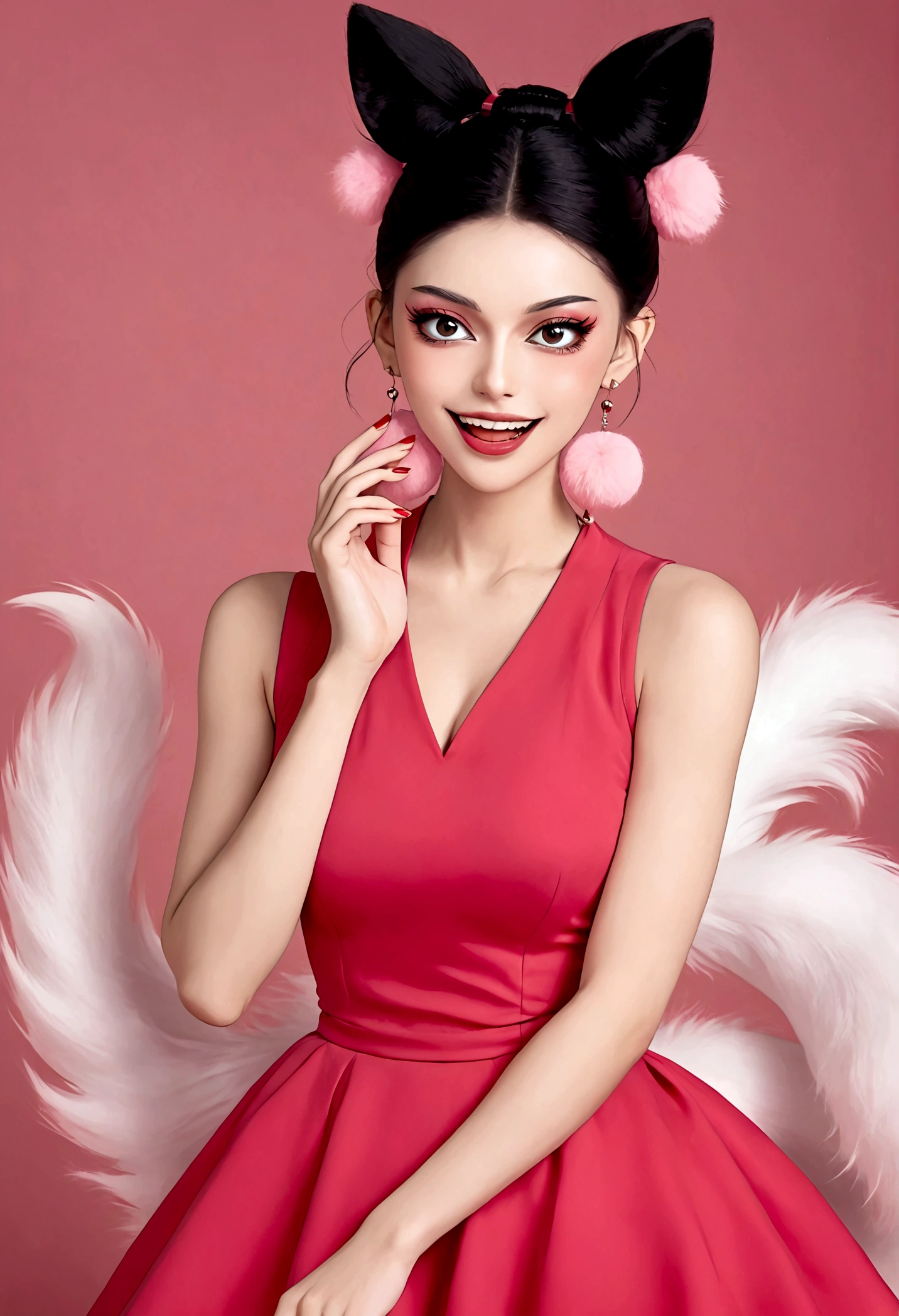 Beautiful face,beautiful eyes,Pink Eyeshadow,laughing out loud,Fangs,(((9 big, fluffy tails))),Black high bun,Pink pompom earrings,Sexy red sleeveless dress,Thin waist,Beautiful hands with red nails