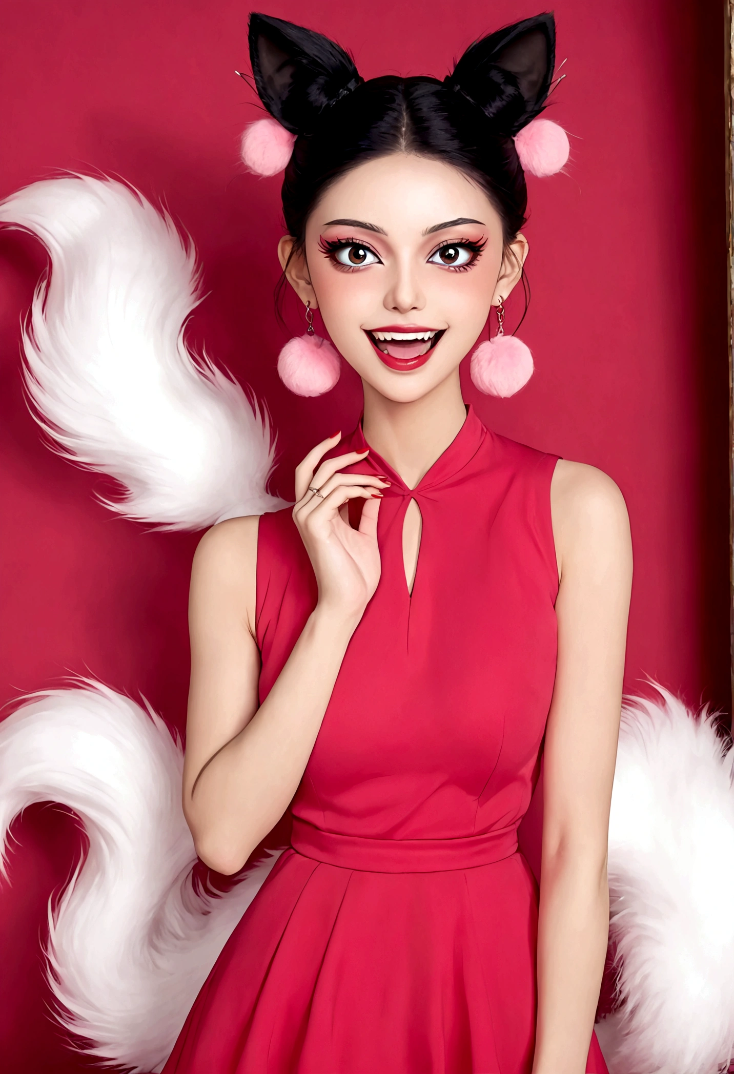 Beautiful face,beautiful eyes,Pink Eyeshadow,laughing out loud,Fangs,(((9 big, fluffy tails))),Black high bun,Pink pompom earrings,Sexy red sleeveless dress,Thin waist,Beautiful hands with red nails