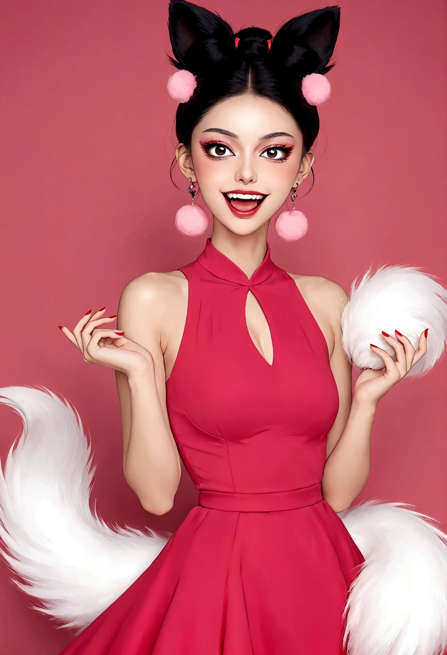 Beautiful face,beautiful eyes,Pink Eyeshadow,laughing out loud,Fangs,(((9 big, fluffy tails))),Black high bun,Pink pompom earrings,Sexy red sleeveless dress,Thin waist,Beautiful hands with red nails