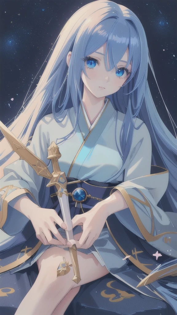 (best quality,4k,highres),detailed and realistic portrait,anime style,beautiful girl with long deep blue hair,gorgeous sapphire eyes,blue hanfu armor,dagger