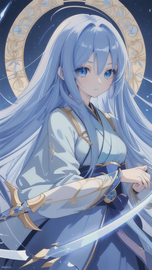 (best quality,4k,highres),detailed and realistic portrait,anime style,beautiful girl with long deep blue hair,gorgeous sapphire eyes,blue hanfu armor,dagger