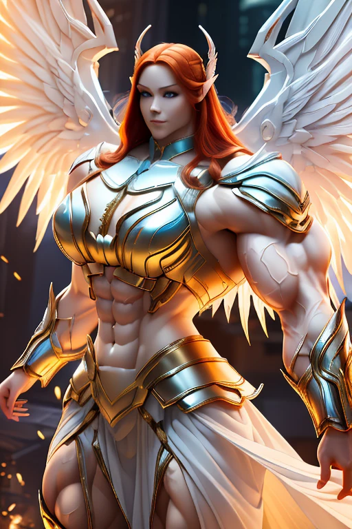 ((((Massive tall, beautiful, buff, pale white skinned muscular asian angel woman with red hair, huge angel wings, ginormous bulky muscles and wearing a beautiful white angel futuristic armor with pleated skirt)))), (close view), massive muscles, massive biceps, hyper muscle shoulders, massive muscle arms, vascular shoulders, hyper muscle triceps, huge angel wings, (long hair), pleated skirt, yellow eyes, choker, angel gauntlets, on top of a magical skyscraper in a mystical world, smile, hyper vascular arm, hyper muscles arms, hyper muscle legs, (massive arms).