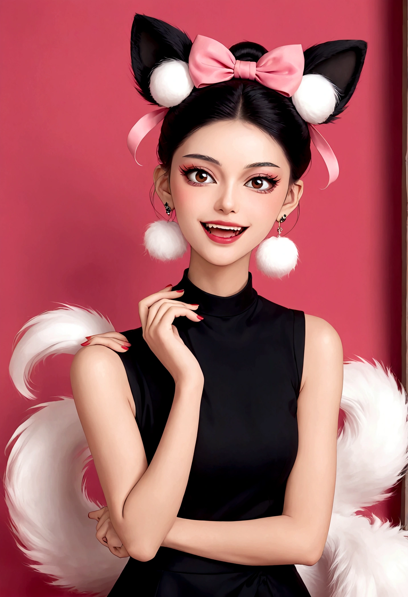 Beautiful face，beautiful eyes，Pink Eyeshadow，laughing out loud，Fangs，(((9 fluffy tails behind)))，Black high bun，Pink pompom earrings，Sexy red sleeveless dress