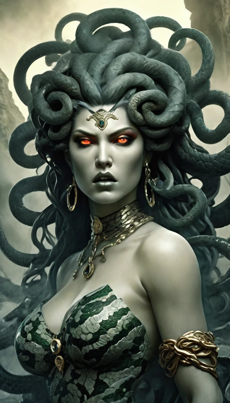 High Resolution, High Quality , Masterpiece. Medusa in a scaled dress in Gekiga anime style infused with Kelley Jones' dark aesthetic, Disgusted Look, serpents Hairstone on her head mid-strike, sharp fangs, intricate jewelry adorning her terror-inducing visage, detail-rich landscape with complex elements in the background, shadows cast creating texture and depth, strategic illumination highlighting a deceptively perfect face amid the grotesque appeal, wisps of smoke enhancing mystique, dynamic pose suggesting motion 