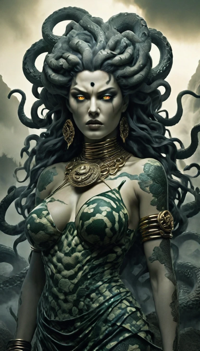 High Resolution, High Quality , Masterpiece. Medusa in a scaled dress in Gekiga anime style infused with Kelley Jones' dark aesthetic, Disgusted Look, serpents Hairstone on her head mid-strike, sharp fangs, intricate jewelry adorning her terror-inducing visage, detail-rich landscape with complex elements in the background, shadows cast creating texture and depth, strategic illumination highlighting a deceptively perfect face amid the grotesque appeal, wisps of smoke enhancing mystique, dynamic pose suggesting motion 