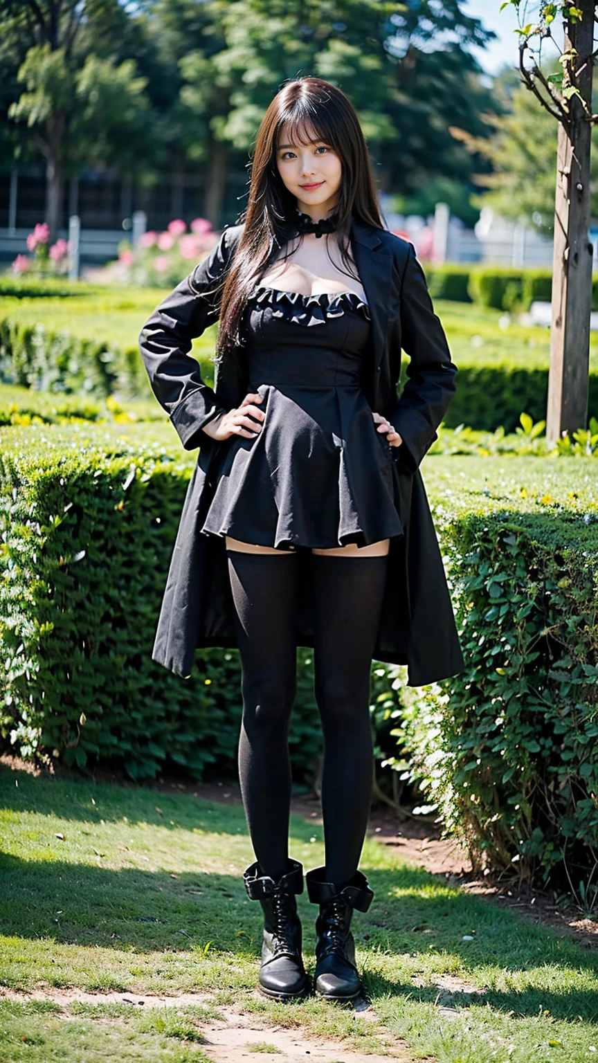 (8k、RAW Photos、highest quality、masterpiece:1.2)、(Realistic、Realistic)、1 girl、((garden、coat、smile、?????????????、tights、Black ee-through、Frills、Semi-long hair、boots、Facing forward、Standing with hands on ????))、